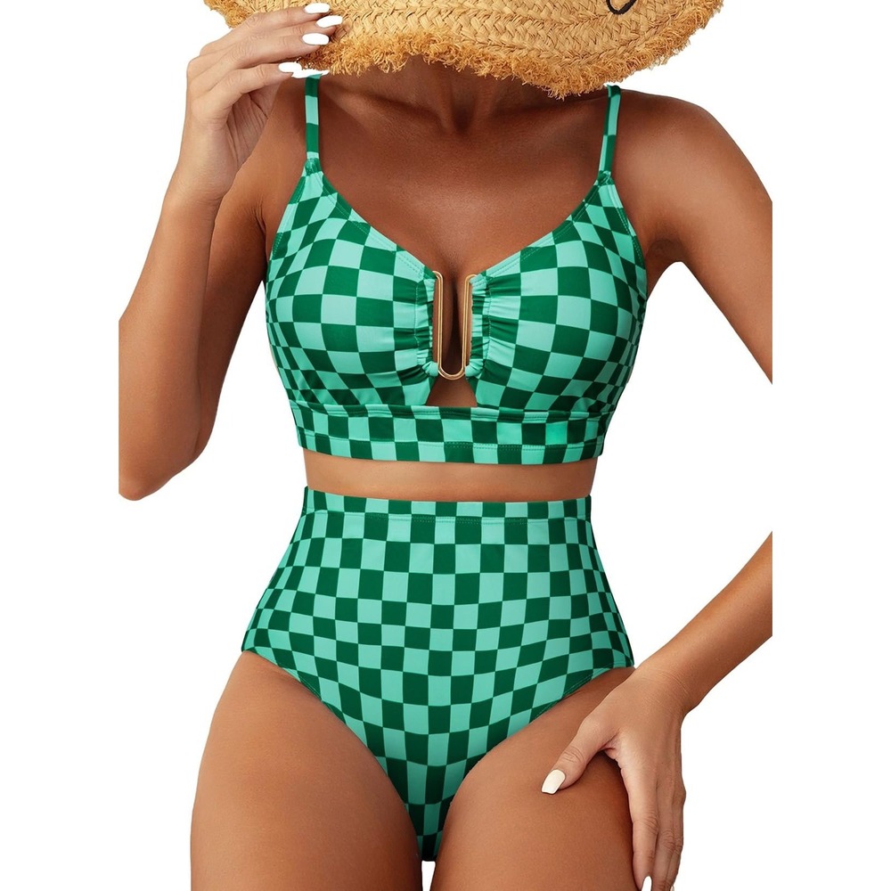 Green Checkered High Waisted Bikini Set U-Wire Crisscross Back Swimsuit XS